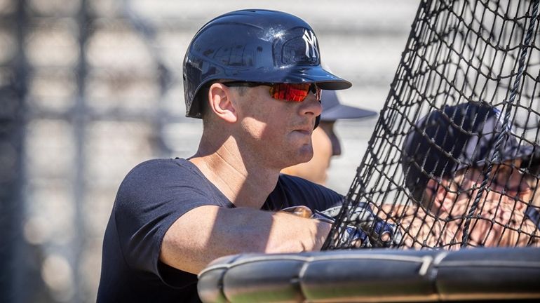 The Yankees’ DJ LeMahieu watches batting practice during spring training at...