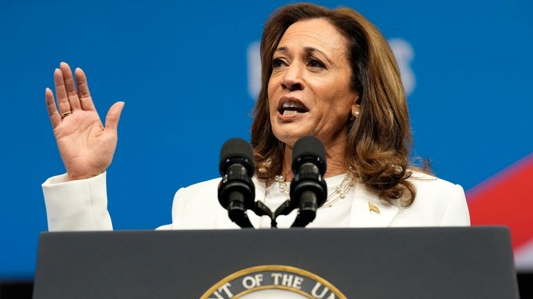 Democratic presidential nominee Vice President Kamala Harris speaks at a...