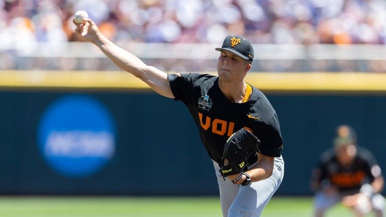 Tennessee starting pitcher Drew Beam throws against Texas A&M in...