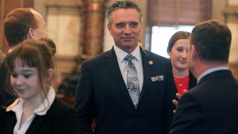 Kansas Senate President Ty Masterson, R-Andover, speaks to fellow senators...