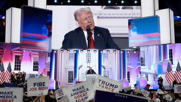 Republican presidential candidate and former president Donald Trump speaks during the final...