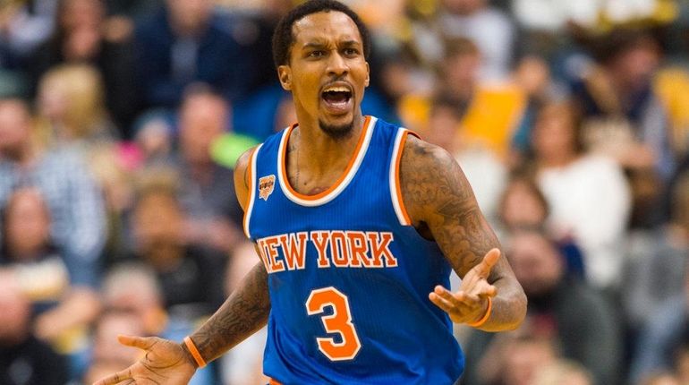 New York Knicks guard Brandon Jennings reacts toward an official...