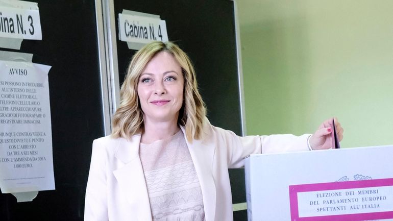 Italian Prime Minister Giorgia Meloni casts her vote for the...