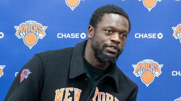 Knicks forward Julius Randle speaks at the team's Greenburgh training...