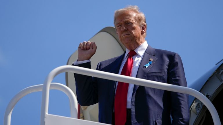 Republican presidential nominee former President Donald Trump arrives in Johnstown,...