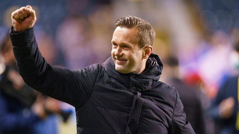 New York City FC head coach Ronny Deila celebrates after...