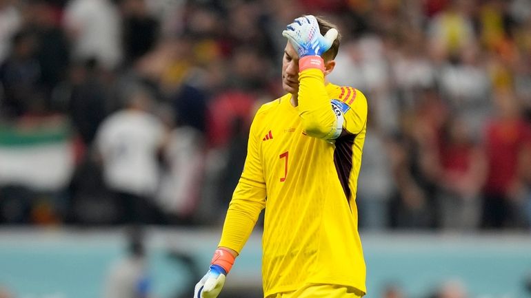 Germany's goalkeeper Manuel Neuer reacts at the end of the...