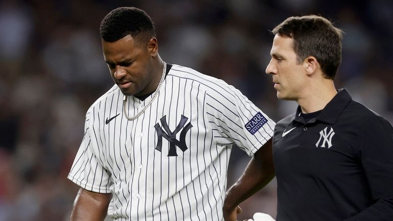 Luis Severino of the Yankees leaves a game during the fifth...