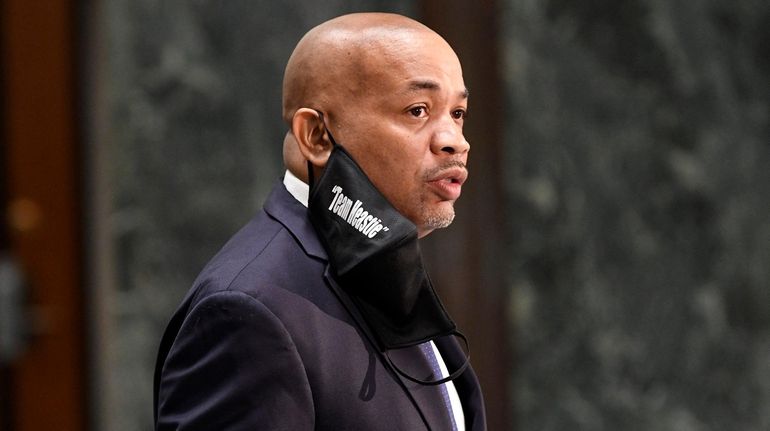 New York State Assembly Speaker Carl Heastie, D-Bronx, speaks during a...