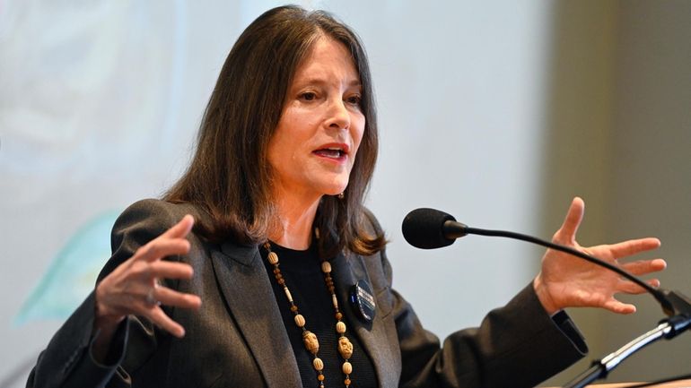 Democratic presidential candidate Marianne Williamson addresses the crowd at The...