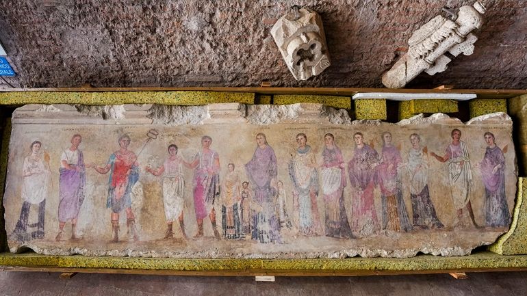 An undated fragment of a wall painting depicting deities and...