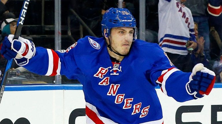 Jesper Fast of the Rangers celebrates his goal against the...