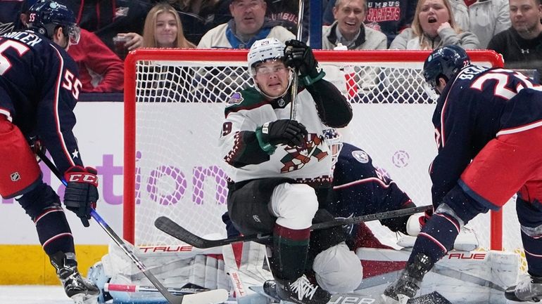 Arizona Coyotes center Barrett Hayton (29) celebrates after scoring on...