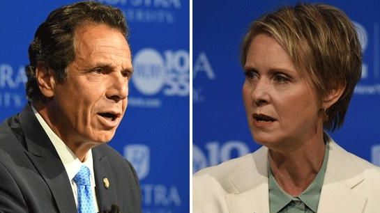 Gov. Andrew M. Cuomo and Cynthia Nixon speak at the...