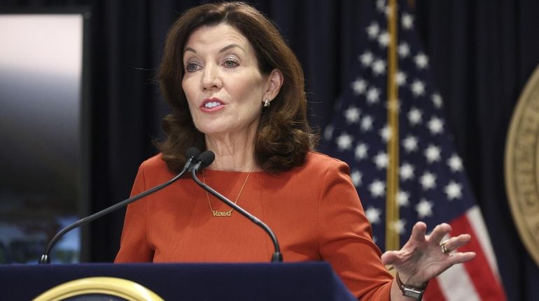 Kathy Hochul, governor of New York, speaks on Monday, Sept...