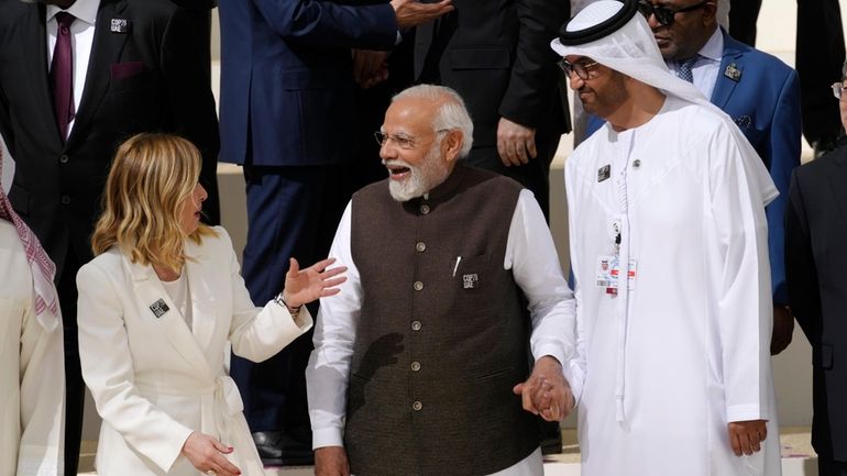 Italy Premier Giorgia Meloni, left, India Prime Minister Narendra Modi,...