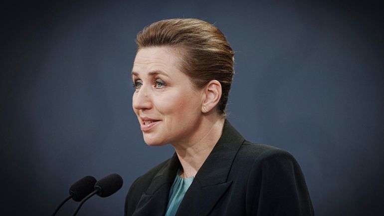 Danish Prime Minister Mette Frederiksen speaks during a press conference...