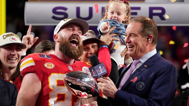 Kansas City Chiefs tight end Travis Kelce (87) celebrates after...