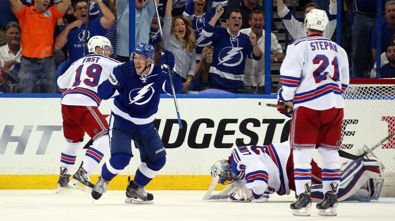 Ondrej Palat #18 of the Tampa Bay Lightning celebrates after...