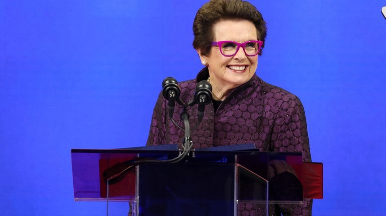 Tennis legend Billie Jean King speaks during the opening ceremony...