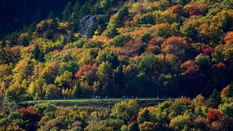 Trees begin to show their autumn colors as tourists walk...