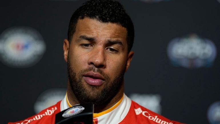 Bubba Wallace speaks during the NASCAR Daytona 500 auto racing...