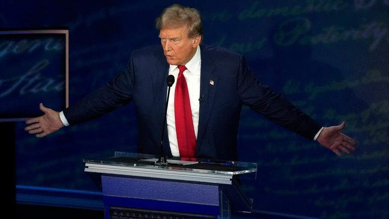 Republican presidential nominee former President Donald Trump speaks during a...