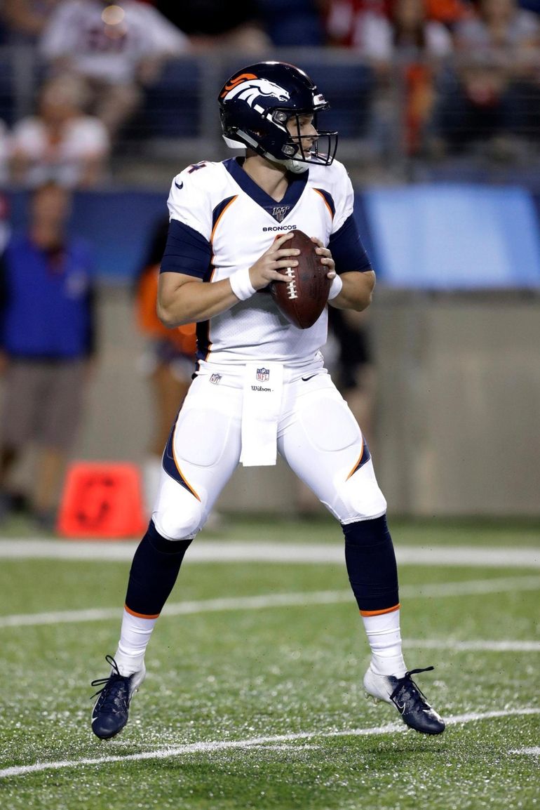 Denver Broncos quarterback Brett Rypien (4) looks to throw against the  Atlanta Falcons during the second half of the Pro Football Hall of Fame NFL  preseason game, Thursday, Aug. 1, 2019, in