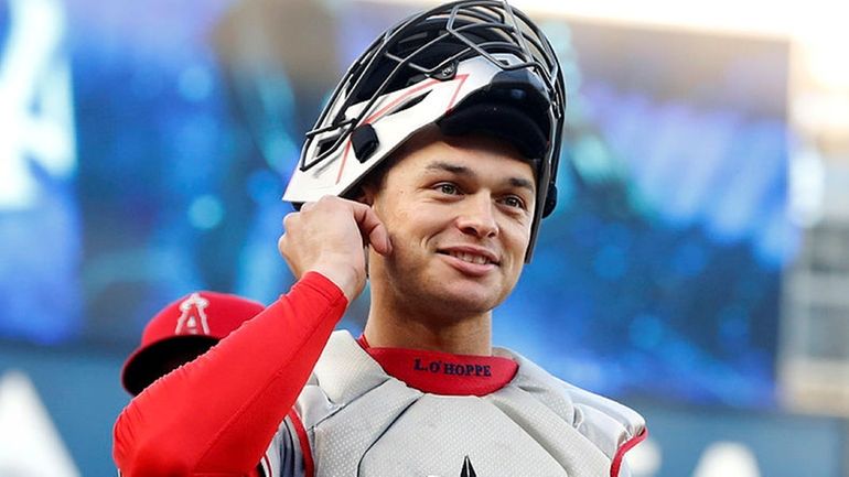 Angels catcher Logan O'Hoppe at Yankee Stadium on Tuesday.