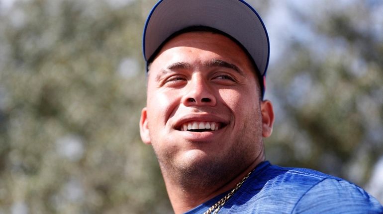 Mets minor-league catcher Francisco Alvarez talks to the press during...