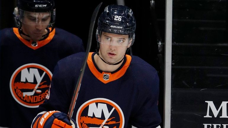 Oliver Wahlstrom of the Islanders takes the ice to warm up...