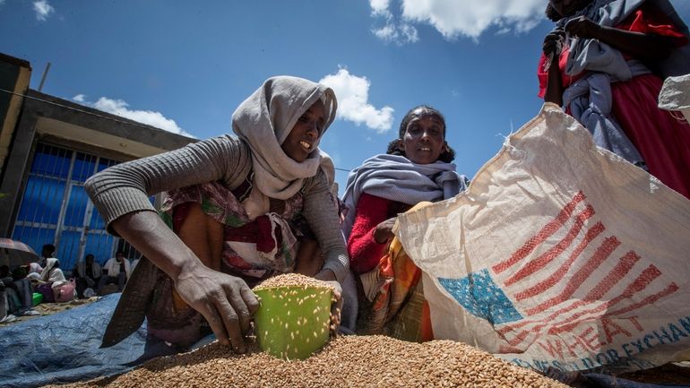 An Ethiopian woman scoops up portions of wheat to be...