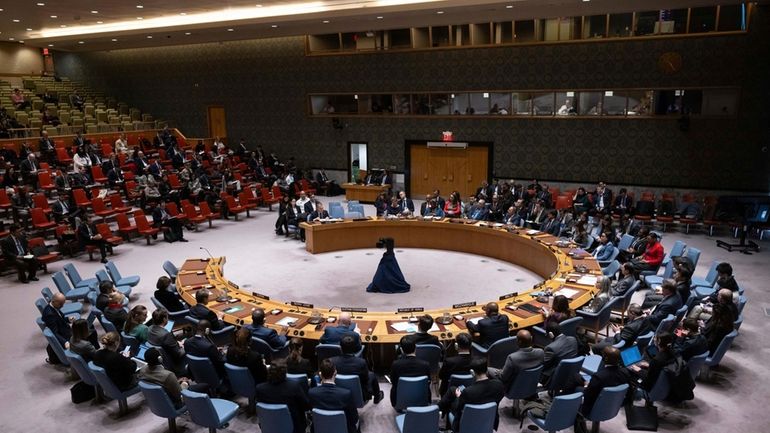 A general view shows a Security Council meeting at United...