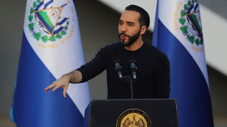 El Salvador's President Nayib Bukele gives a speech during the...