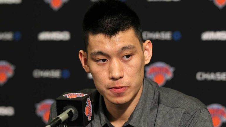 Jeremy Lin #17 of the New York Knicks speaks to...