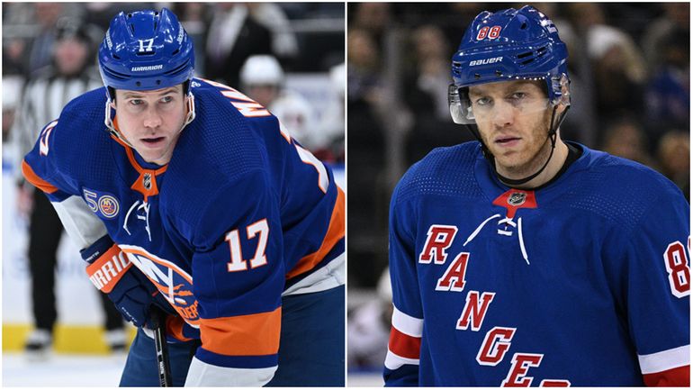 Matt Martin of the Islanders, left, and Patrick Kane of...