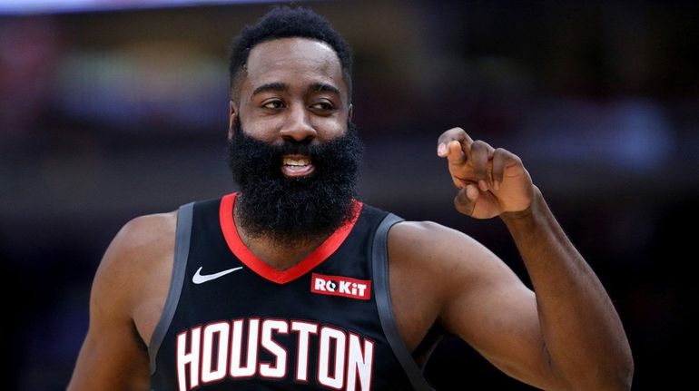 The Rockets' James Harden has a laugh during a game...