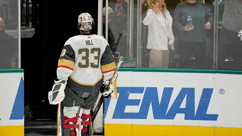 Vegas Golden Knights goaltender Adin Hill (33) leaves the ice...