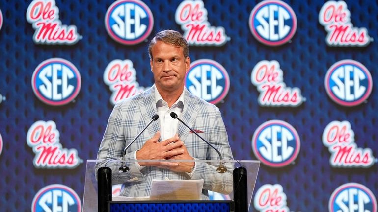 Ole Miss head football coach Lane Kiffin speaks during the...