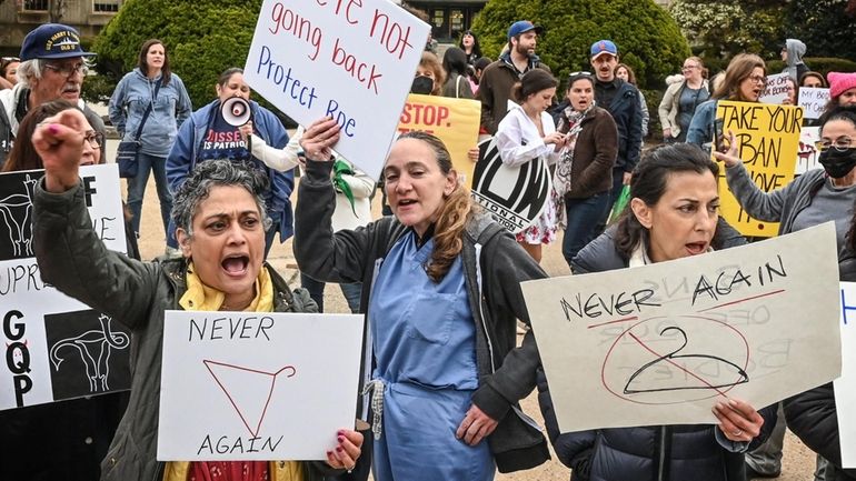 Protesters Tuesday in front of the Nassau County Courthouse in Mineola...