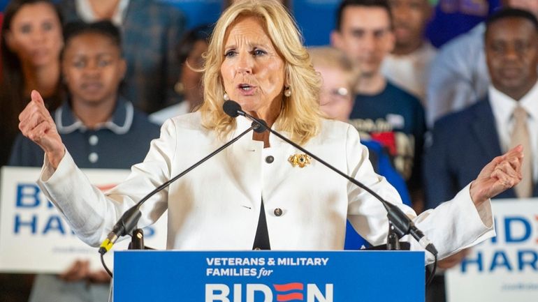 First lady Jill Biden speaks during an event at The...