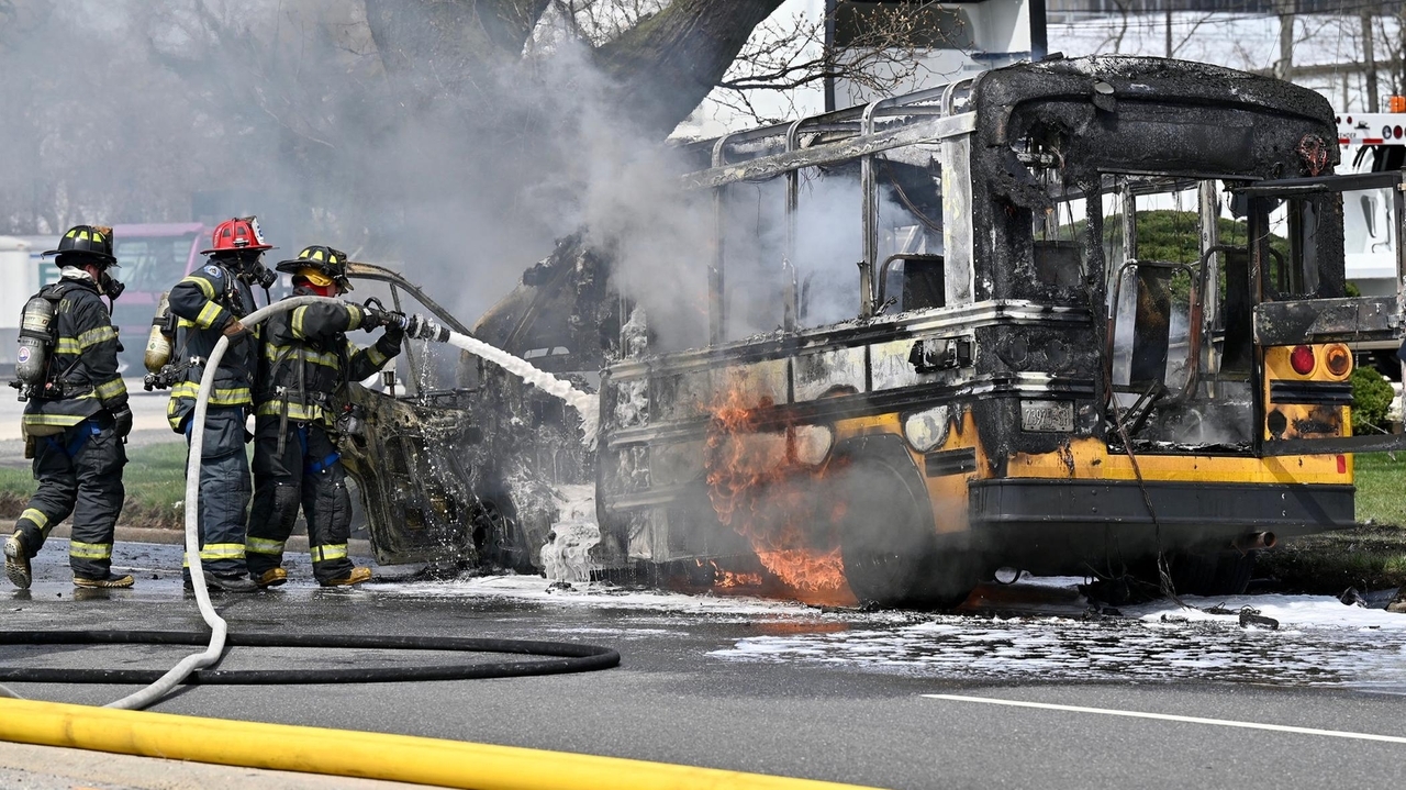 Mini school bus catches fire in Westbury on Stewart Avenue