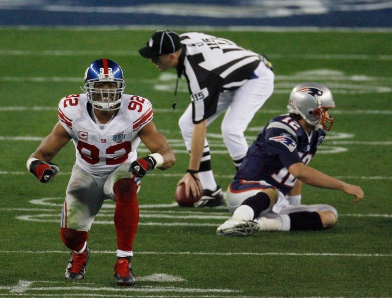 Michael Strahan (Giants) Final sack of his career and Tom Brady (Patriots) Superbowl  XLII (2008)