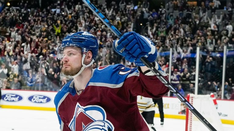 Colorado Avalanche right wing Valeri Nichushkin celebrates after scoring the...