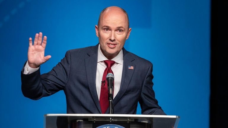 Incumbent Gov. Spencer Cox speaks during Utah's gubernatorial GOP primary...