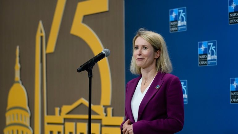 Estonia's Prime Minister Kaja Kallas speaking to members of the...