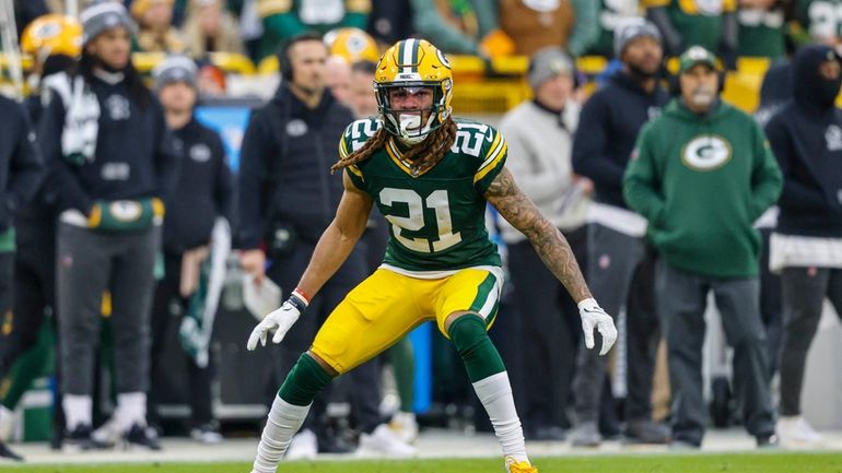 Green Bay Packers cornerback Eric Stokes (21) plays against the...