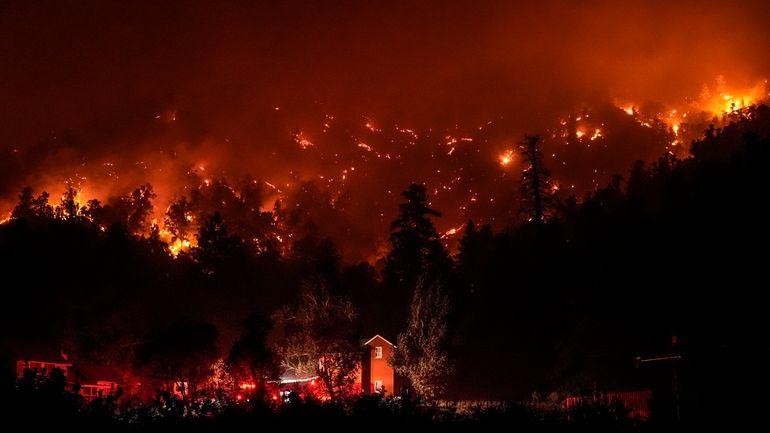 Firetrucks are seen around a building as scorched trees smolder...