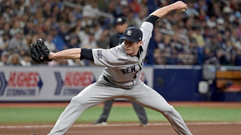 Yankees reliever Tim Hill pitches against the Tampa Bay Rays...