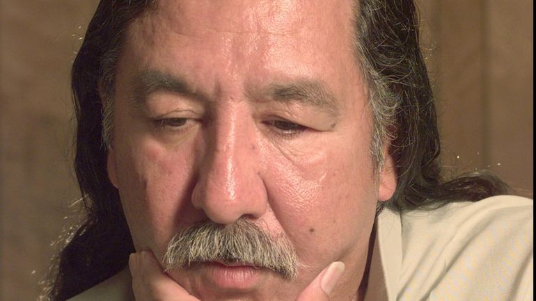 American Indian activist Leonard Peltier speaks during an interview at...